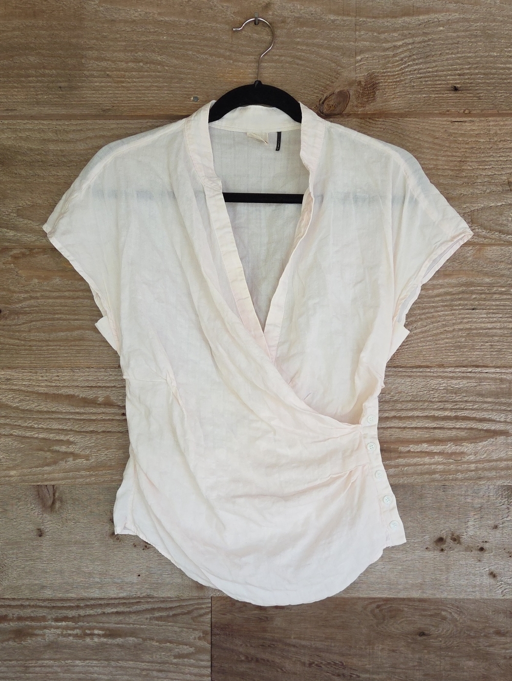 Pale Pink Wrap-Front Short Sleeve Blouse